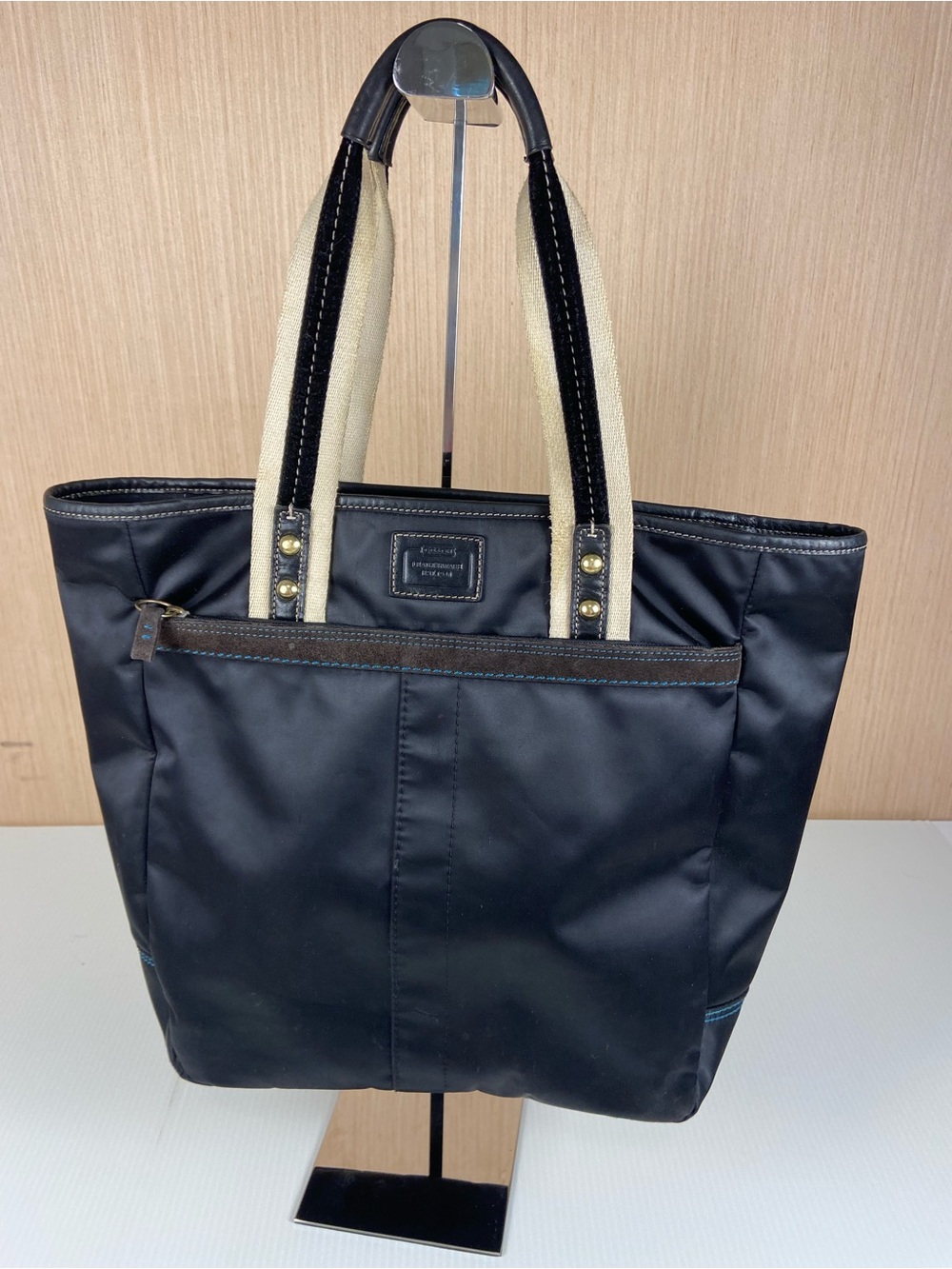 Coach Black Nylon Tote Blue Stitch Canvas Handles Zip Top Bag